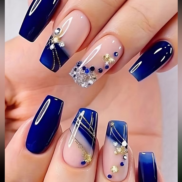 Other - Press on nails Elegant Blue and Gold Nails set of 24 new